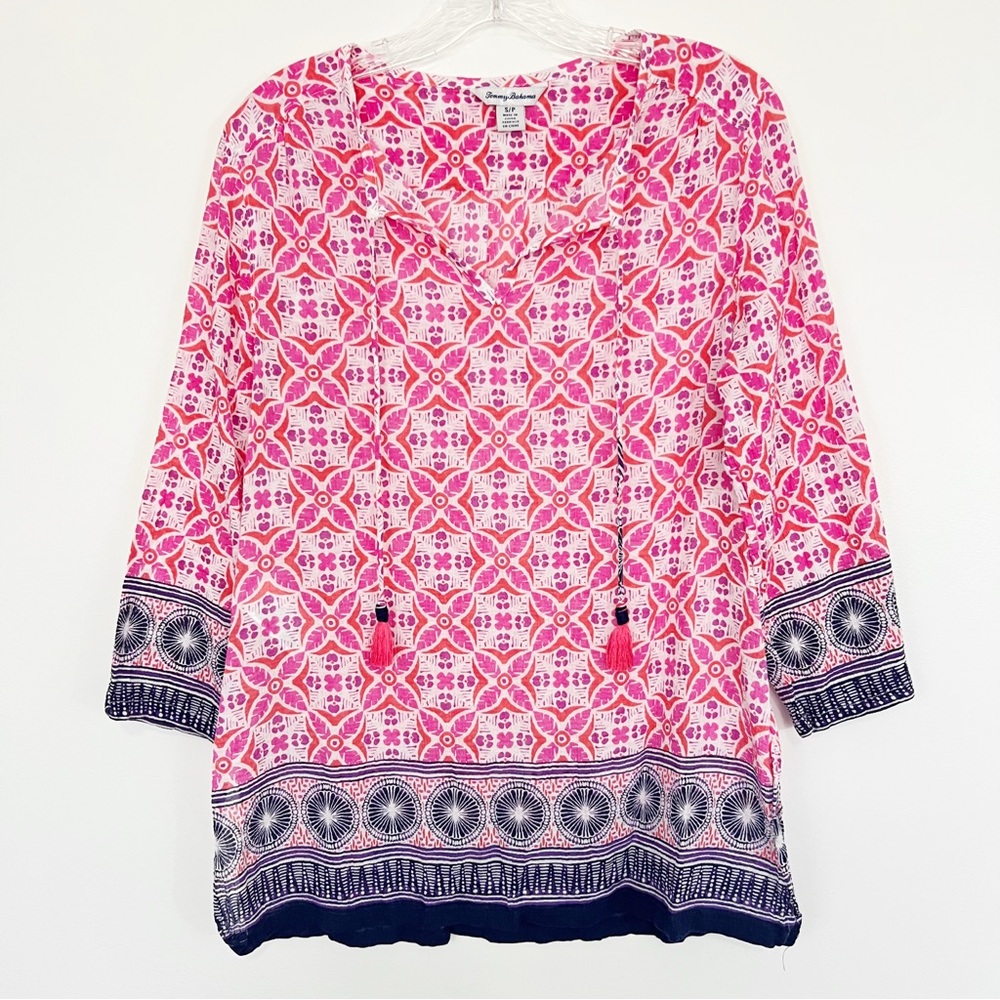 Tommy Bahama Tropical Terraza 3/4 Sleeve Gauze Tunic Size Small Pink Print